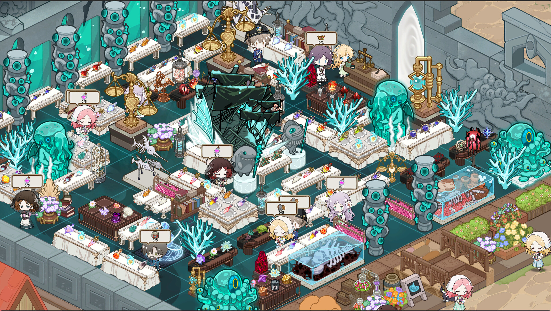 A hall of display tables, scales and potions in The Piper of Dawn