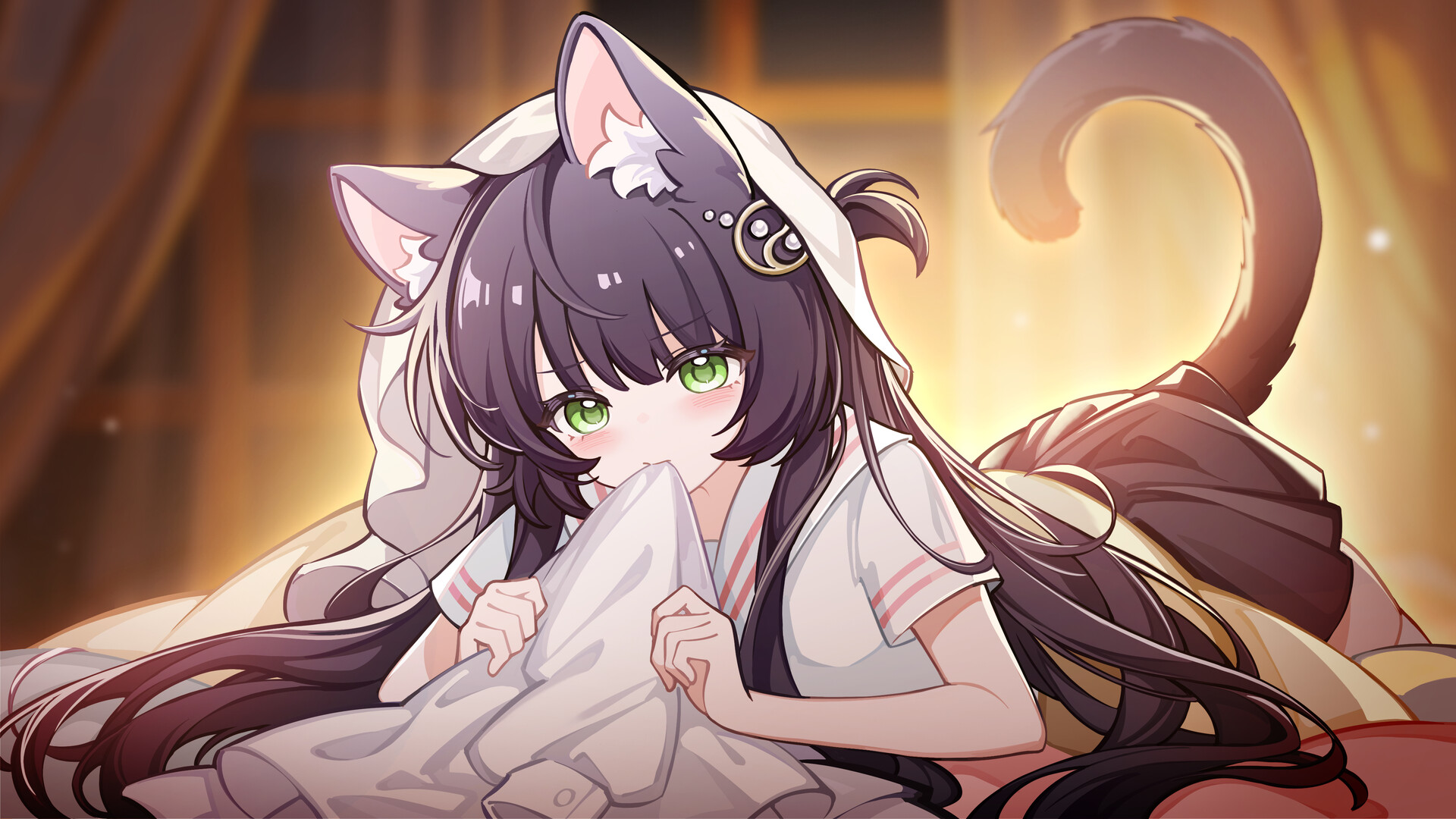 A heroine of The Piper of Dawn resting indoors during a story scene