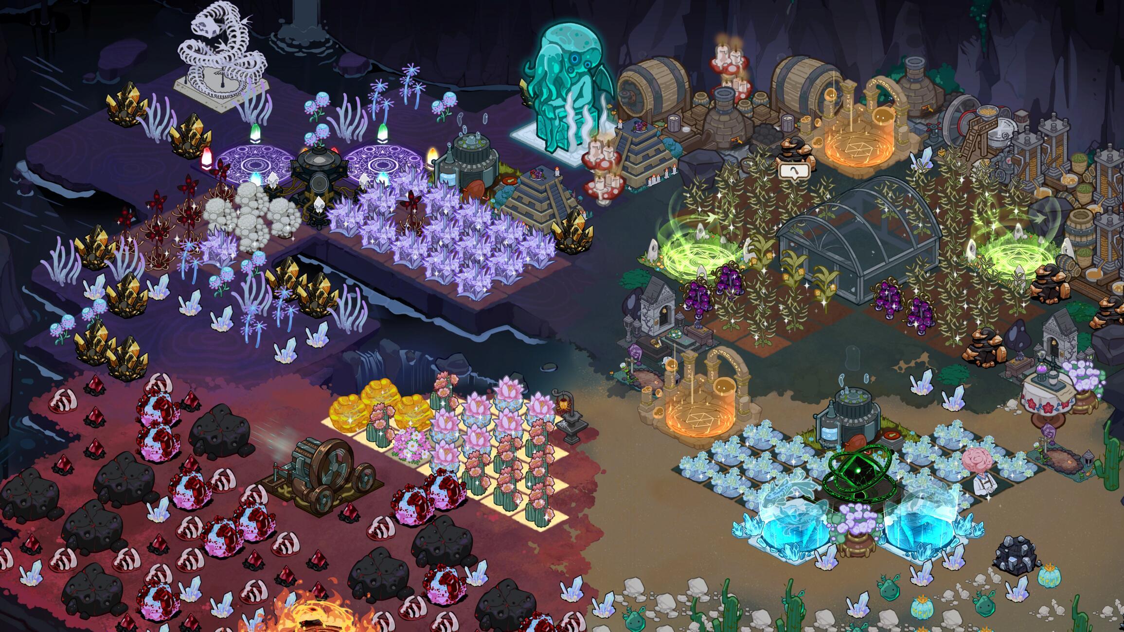 Underground garden plots in The Piper of Dawn with glowing crops and alchemy devices